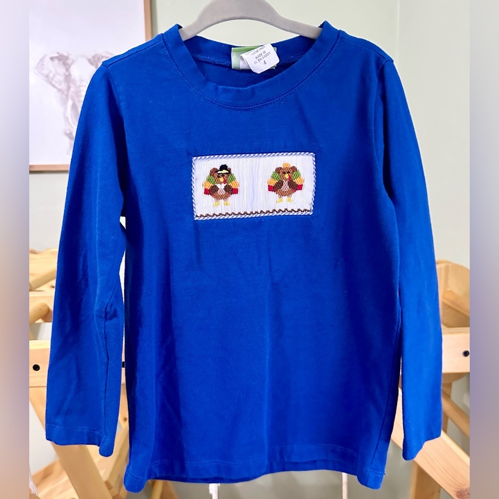 Boys Smock Long Sleeve Shirt Blue Thanksgiving Size 4